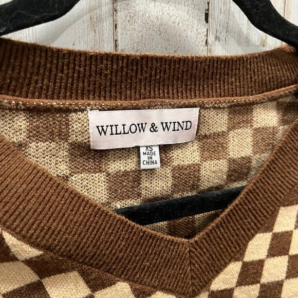 Willow & Wind Womens Brown & Tan Checkerboard V-Neck Sweater Vest Size XS - Picture 2 of 6